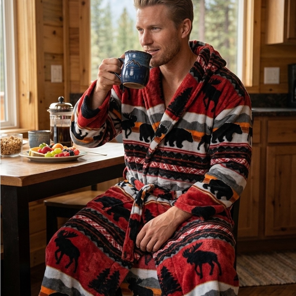 Earth Ragz Men’s Plush Fleece Large Size Cabin Moose Bear Bathrobe Waist Tie